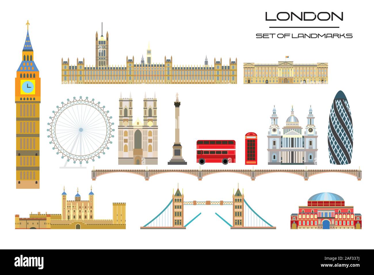 Bunte Vektor einrichten von Wahrzeichen von London. Skyline der Stadt Vector Illustration auf weißem Hintergrund. Der Vektor bunte Abbildung von Att Stock Vektor
