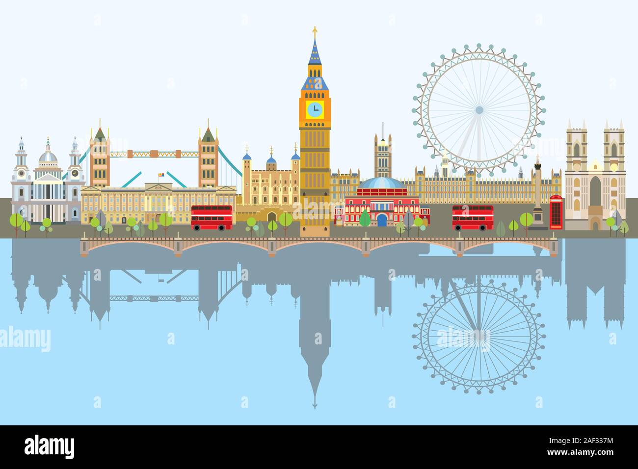 Bunte vektor Illustration des Londoner Sehenswürdigkeiten mit Reflexion im Wasser. Skyline der Stadt Vektor isoliert Abbildung. Vektor London Hintergrund. Vecto Stock Vektor
