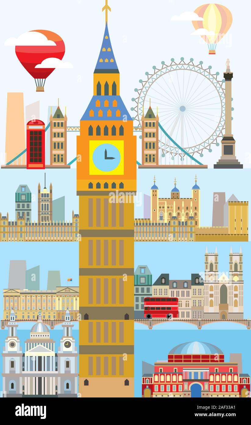 Bunte vektor Illustration des Londoner Sehenswürdigkeiten. Poster mit London City Skyline Vektor isoliert Abbildung. Vertikale Vektor London Hintergrund. Vec Stock Vektor