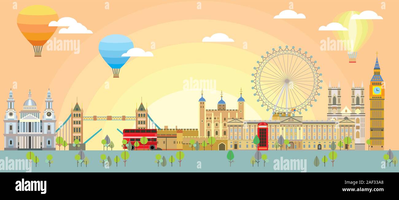 Bunte vektor Illustration des Londoner Sehenswürdigkeiten. Skyline der Stadt Vektor isoliert Abbildung. Vektor London Hintergrund mit Sunrise und Heißluftballon. V Stock Vektor