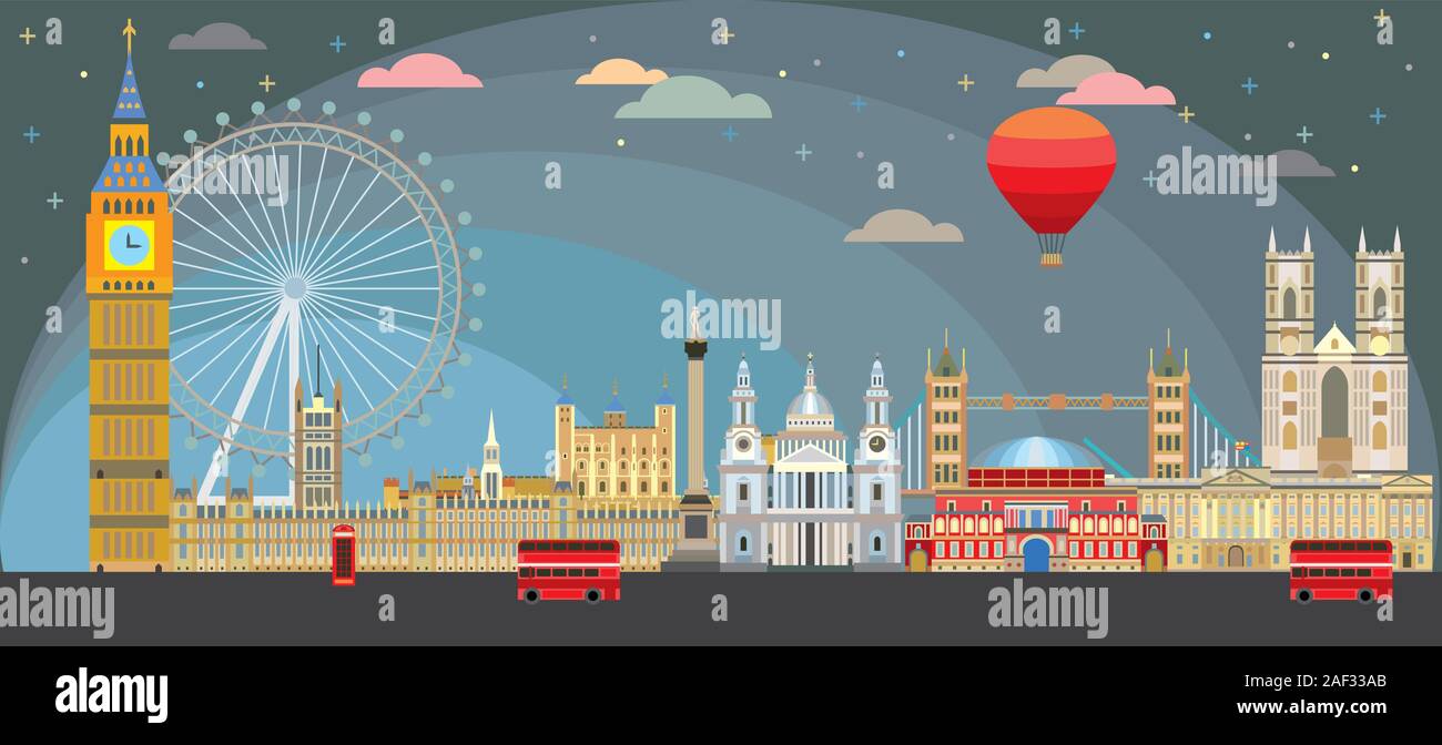 Bunte vektor Illustration des Londoner Sehenswürdigkeiten. Skyline der Stadt Vektor isoliert Abbildung. Vektor London Hintergrund in der Dämmerung mit Ballon und Stock Vektor