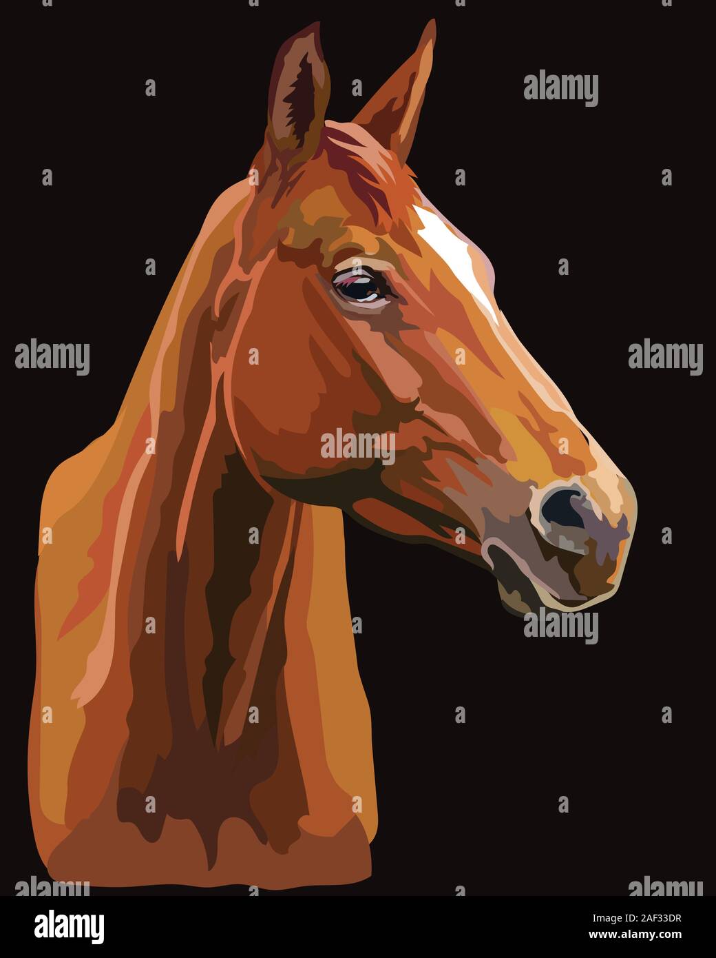 Bunte Zeichnung Pferd portrait. Pferdekopf im Profil auf schwarzem Hintergrund isoliert. Vektor Zeichnung Abbildung. Retro Style Portrait von Bay Horse. Stock Vektor