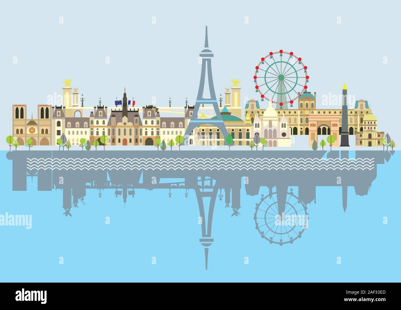 Paris City Skyline mit Reflexion im Wasser. Bunte isoliert Vector Illustration auf blauem Hintergrund. Vector Illustration der wichtigsten Sehenswürdigkeiten von Paris, Stock Vektor