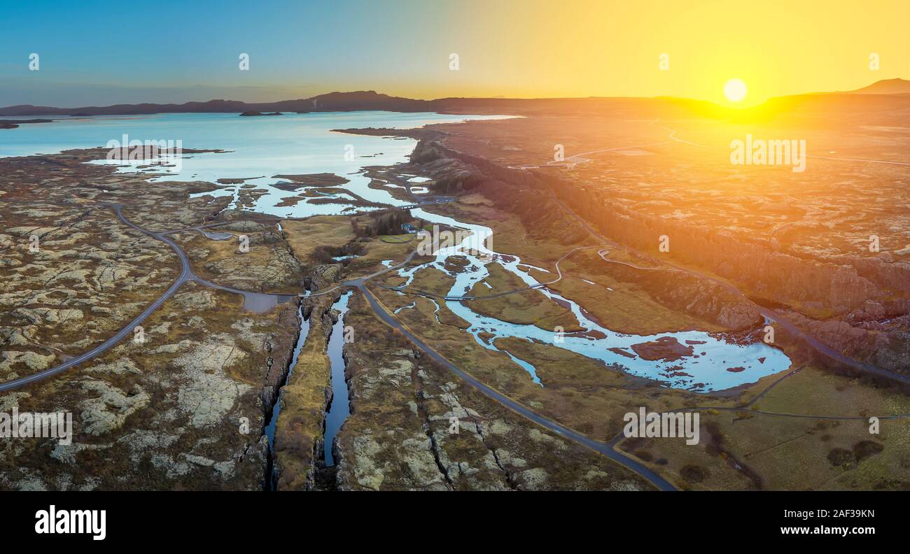 Visual des Mittelatlantischen Rückens, Almannagja, Weltkulturerbe der UNESCO, den Nationalpark Thingvellir. Stockfoto