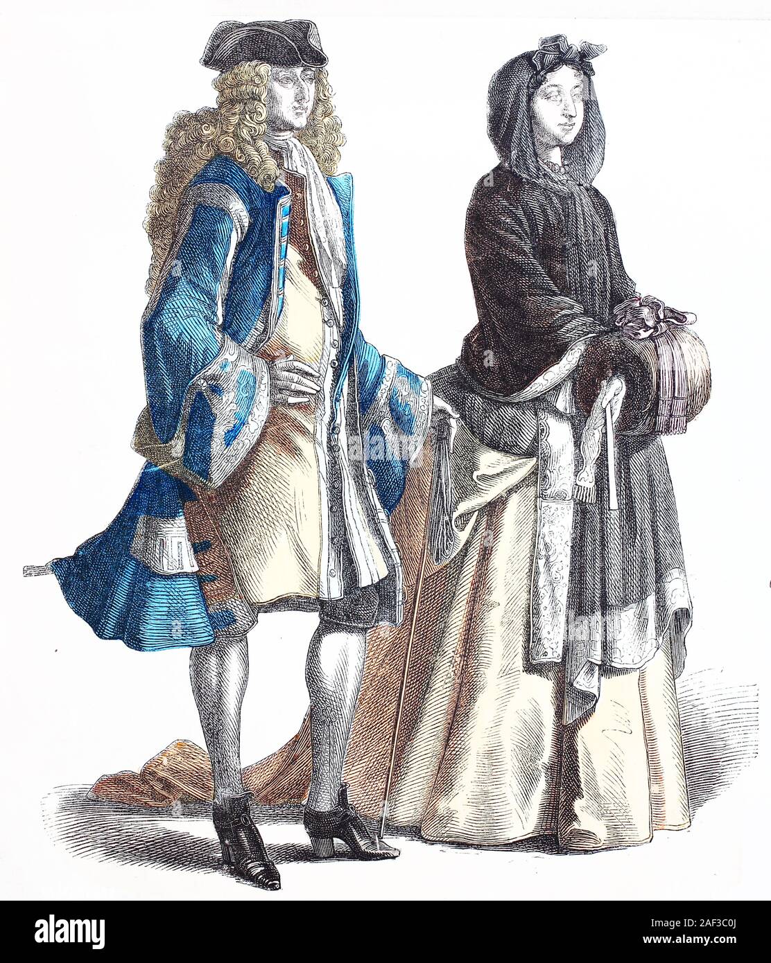 Nationale Kostüm, Kleidung, Geschichte der Kostüme, deutscher Mann und Frau, ca. 1700-1735, Volkstracht, Kleidung, der Kostüme, deutscher Herr und Dame, ca 1700-1735 Stockfoto