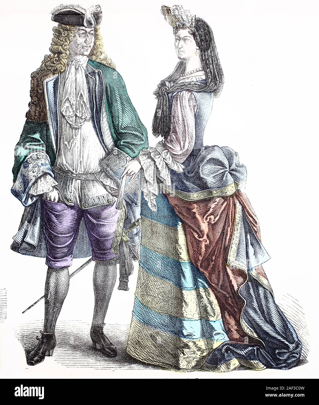 Nationale Kostüm, Kleidung, Geschichte der Kostüme, französischer Mann und Frau, ca. 1700-1735, Volkstracht, Kleidung, der Kostüme, französischer Herr und Dame, ca 1700-1735 Stockfoto