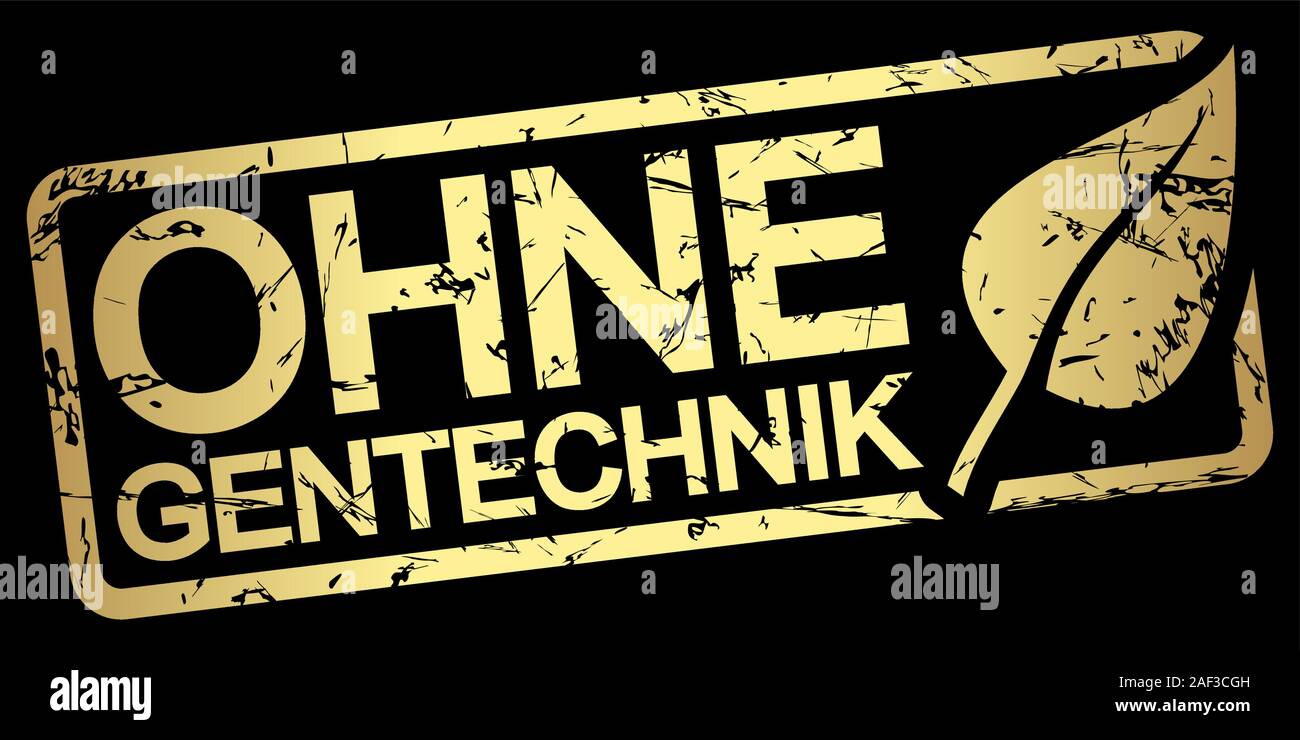 Gold grunge Stempel mit Rahmen, große Ausrufezeichen und Text ohne Gentechnik (in deutscher Sprache) Stock Vektor
