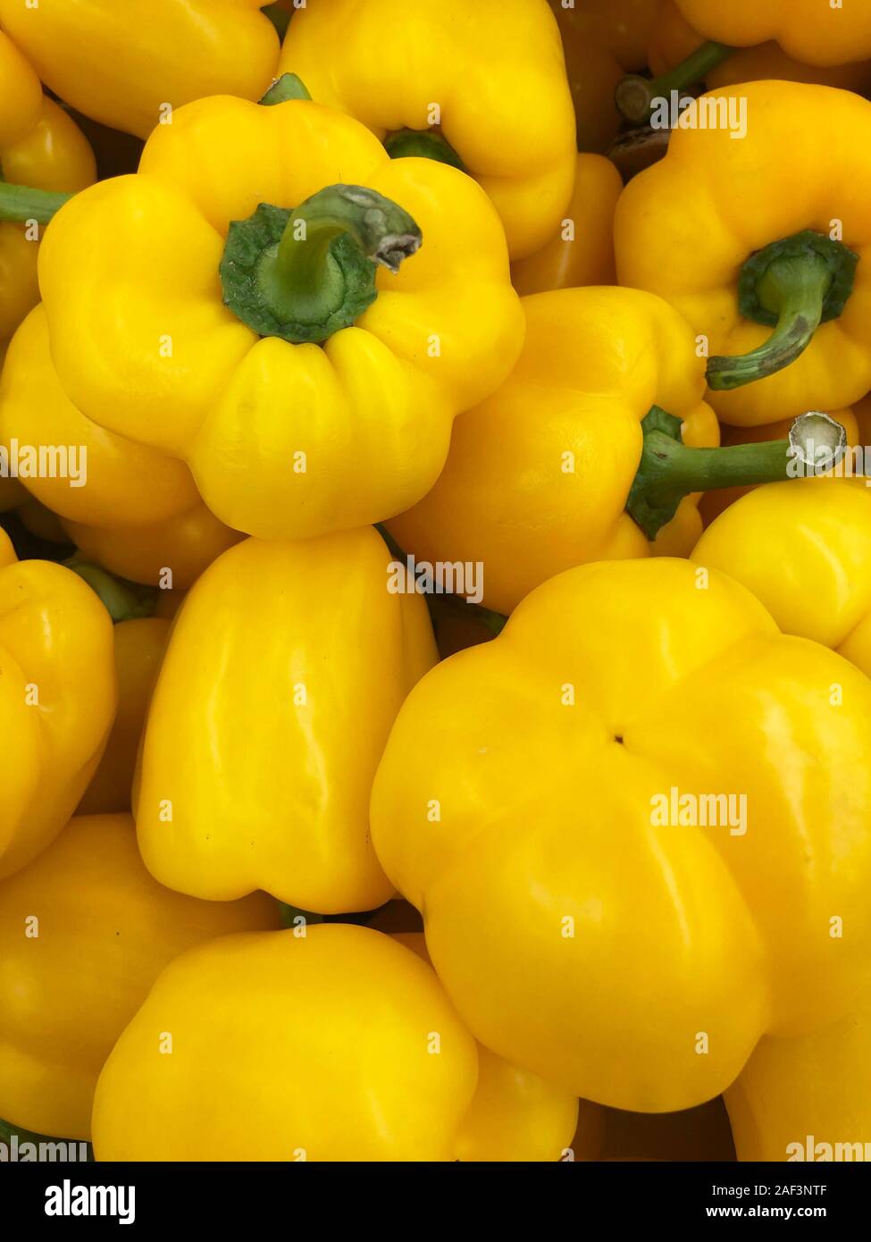 Gelbe Paprika Hintergrund im Store. Vegetarisches Essen, gesunde Vitamine. Stockfoto