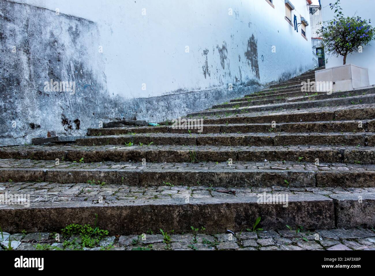 Abgenutzte Kopfsteinpflaster die Treppe nach oben und weg zu schmale Gasse zwischen den weiß getünchten Gebäuden im traditionellen Wahrzeichen der Stadt Tomar Portugal Stockfoto