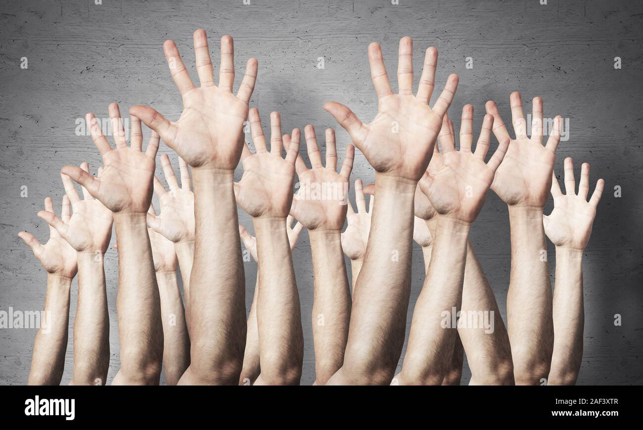 Zeile des Menschen Hand mit fünf Fingern Verbreitung Geste. Hallo oder eine Gruppe von Zeichen helfen. Menschliche Hände gestikulierend auf den Hintergrund der graue Wand. Viele Arme angehoben Stockfoto