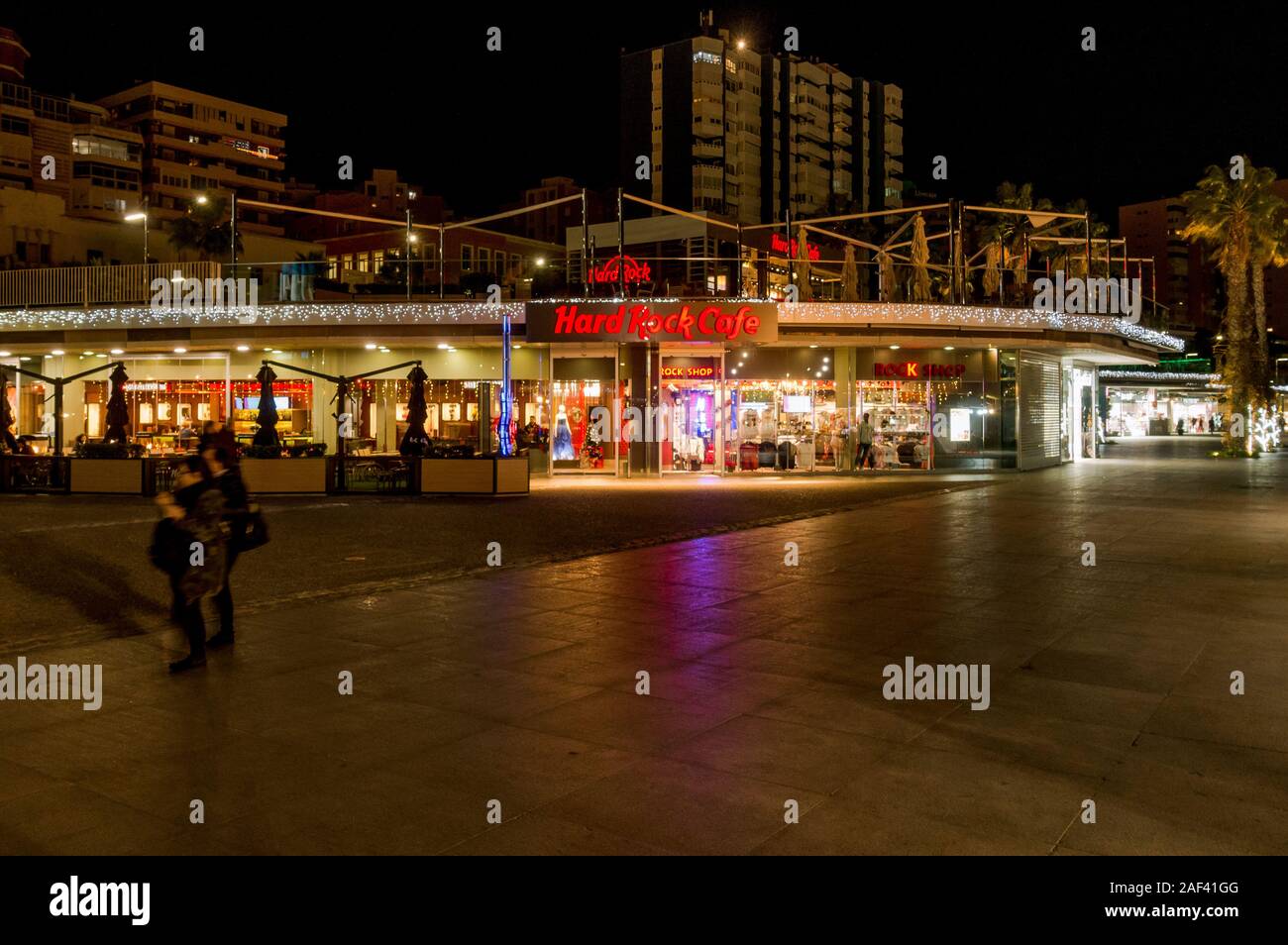 Hard Rock Cafe Malaga bei Nacht, Muelle Uno, der Hafen von Malaga, Andalusien, Malaga, Spanien. Stockfoto