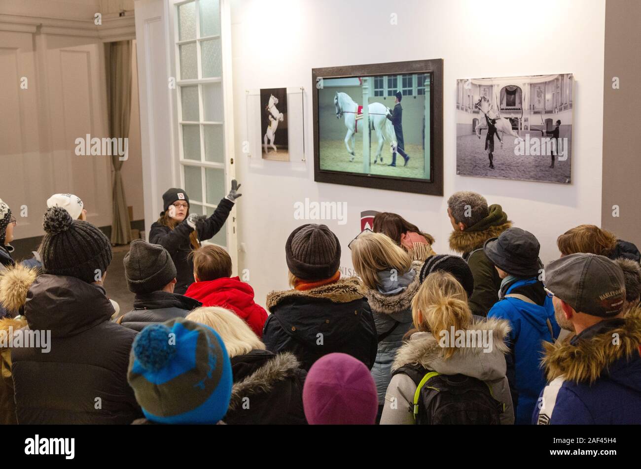Wien geführte Tour - eine Tour Guide mit einer Gruppe von Touristen, die sich in der Spanischen Hofreitschule, Wien Österreich Europa Stockfoto