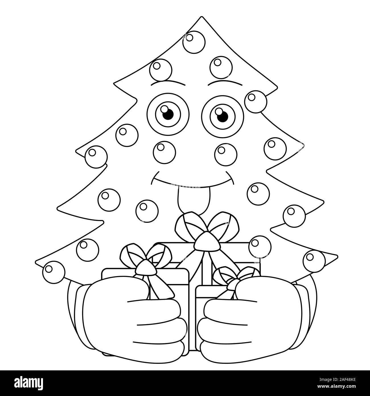 Weihnachtsbaum zeigt Zunge und blendet Geschenke. isolierte Umrisse Vektor illustration Stock Vektor