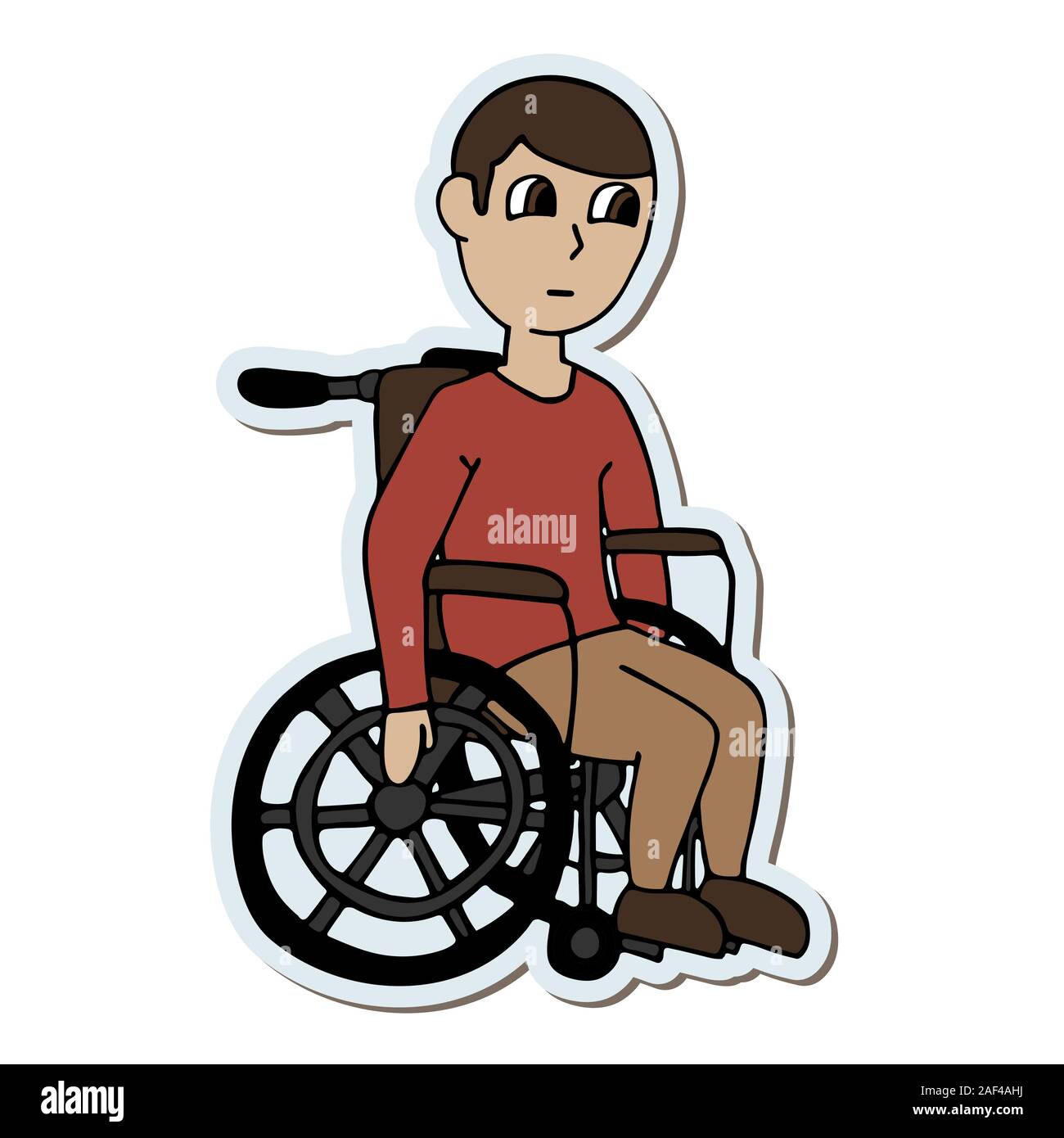 Weißer Mann in einem Rollstuhl. isolierte Aufkleber cartoon Vektor illustration Stock Vektor