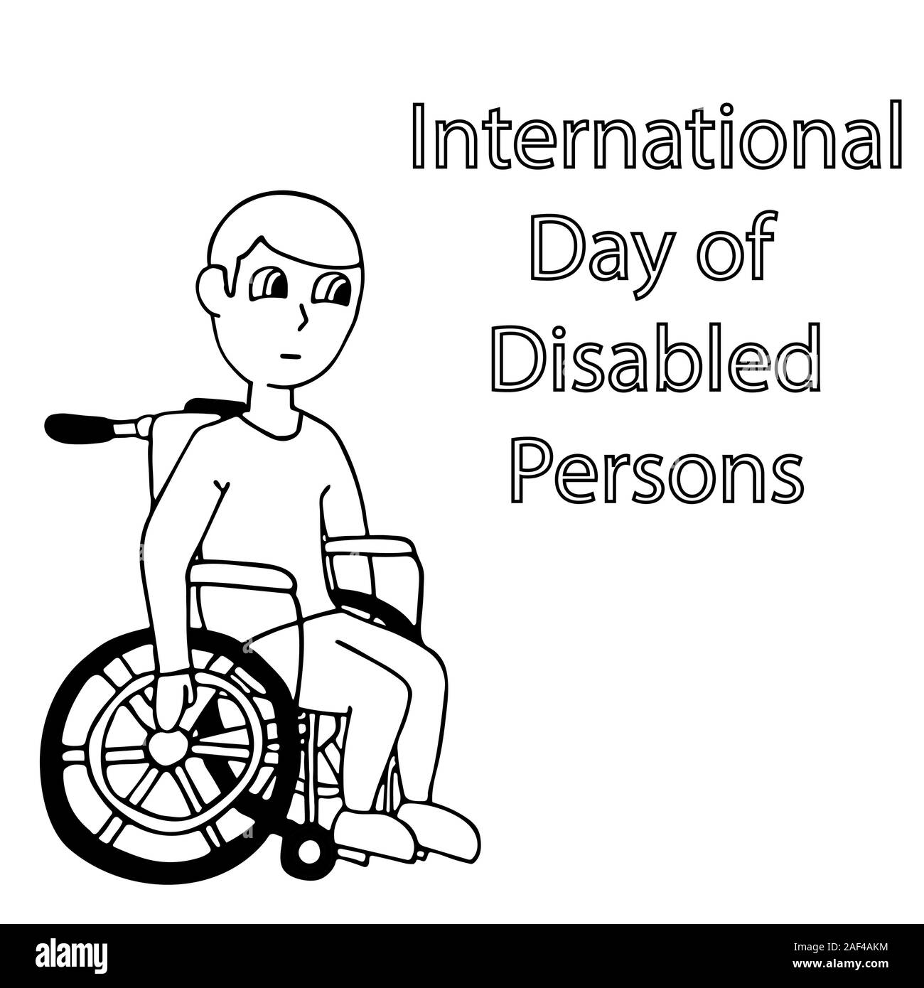 Weißer Mann in einem Rollstuhl. Internationaler Tag der behinderten Personen. isolierte Umrisse cartoon Vektor illustration Stock Vektor
