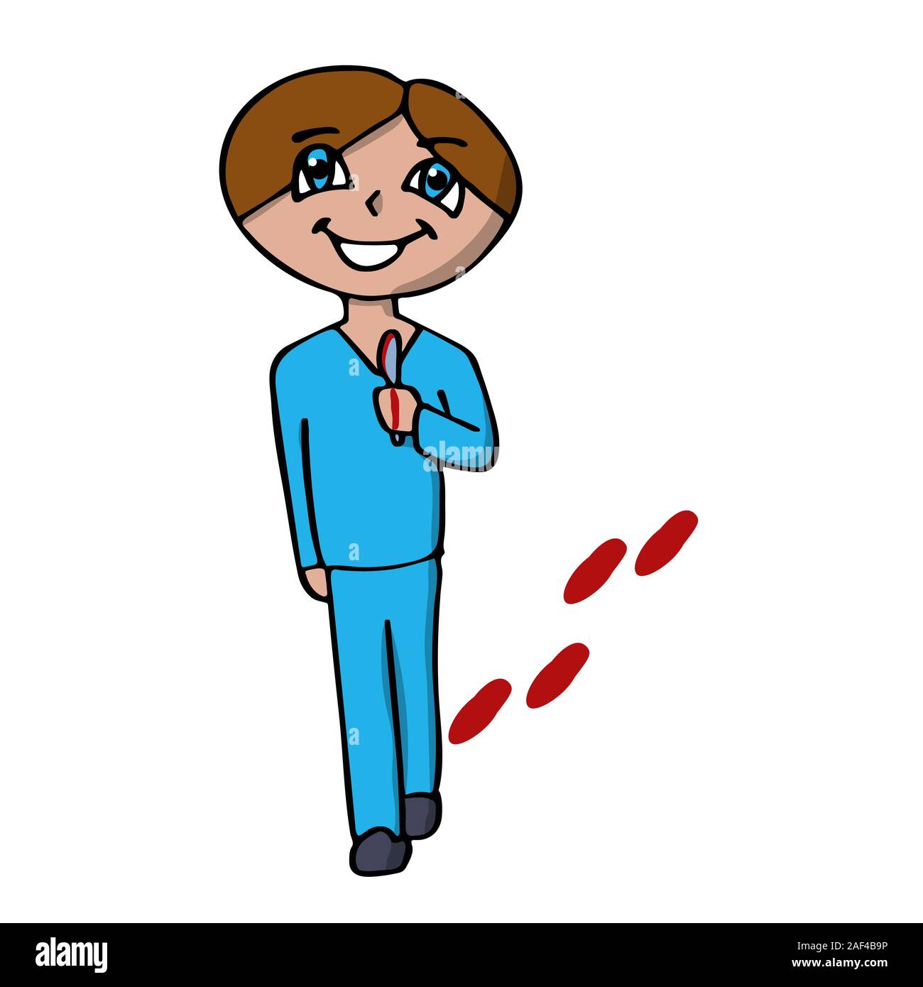 Eine gruselige Chirurg lächelnd mit einem Skalpell geht für einen Betrieb. blutige Spur. Isolierte cartoon Vektor illustration Stock Vektor