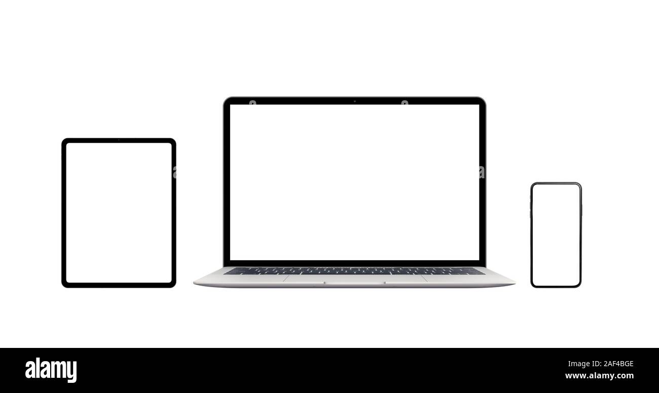 Laptop, Telefon und Tablet isoliert. Moderne Geräte mit dünnen Kanten. Isolierte Bildschirm für Mockup, Anwendung oder Website Präsentation Stockfoto