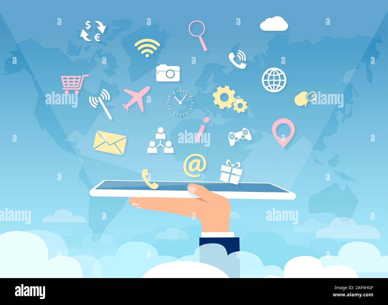 Vektor aus einer Hand Intelligente Tablette mit mulptiple social media apps Symbole über den Wolken mit Weltkarte Hintergrund Stock Vektor