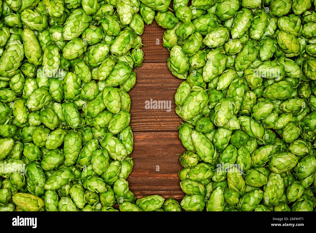 Hopfenzapfen als Form der Bierflasche auf hölzernen Hintergrund gebildet. Bier Konzept. Natürliche Inhaltsstoffe der Brauerei. Stockfoto