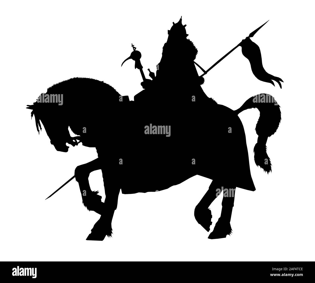 Montiert fantasy Ritter Abbildung. Barbar Reiter auf dem schwarzen Pferd. Stockfoto