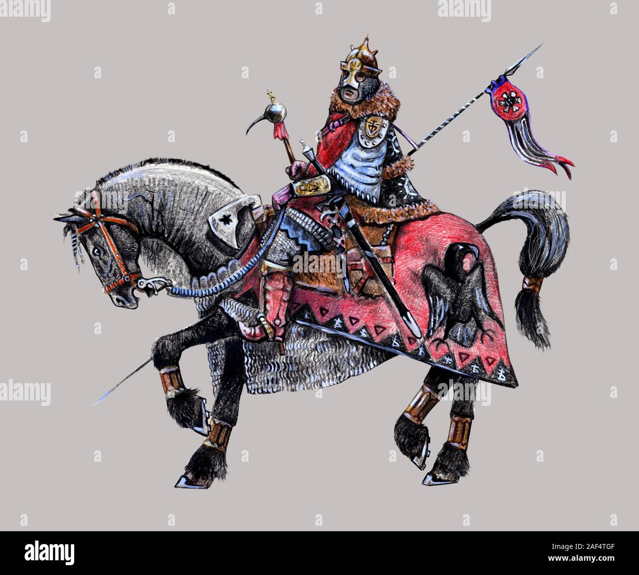 Montiert fantasy Ritter Abbildung. Barbar Reiter auf dem schwarzen Pferd. Stockfoto
