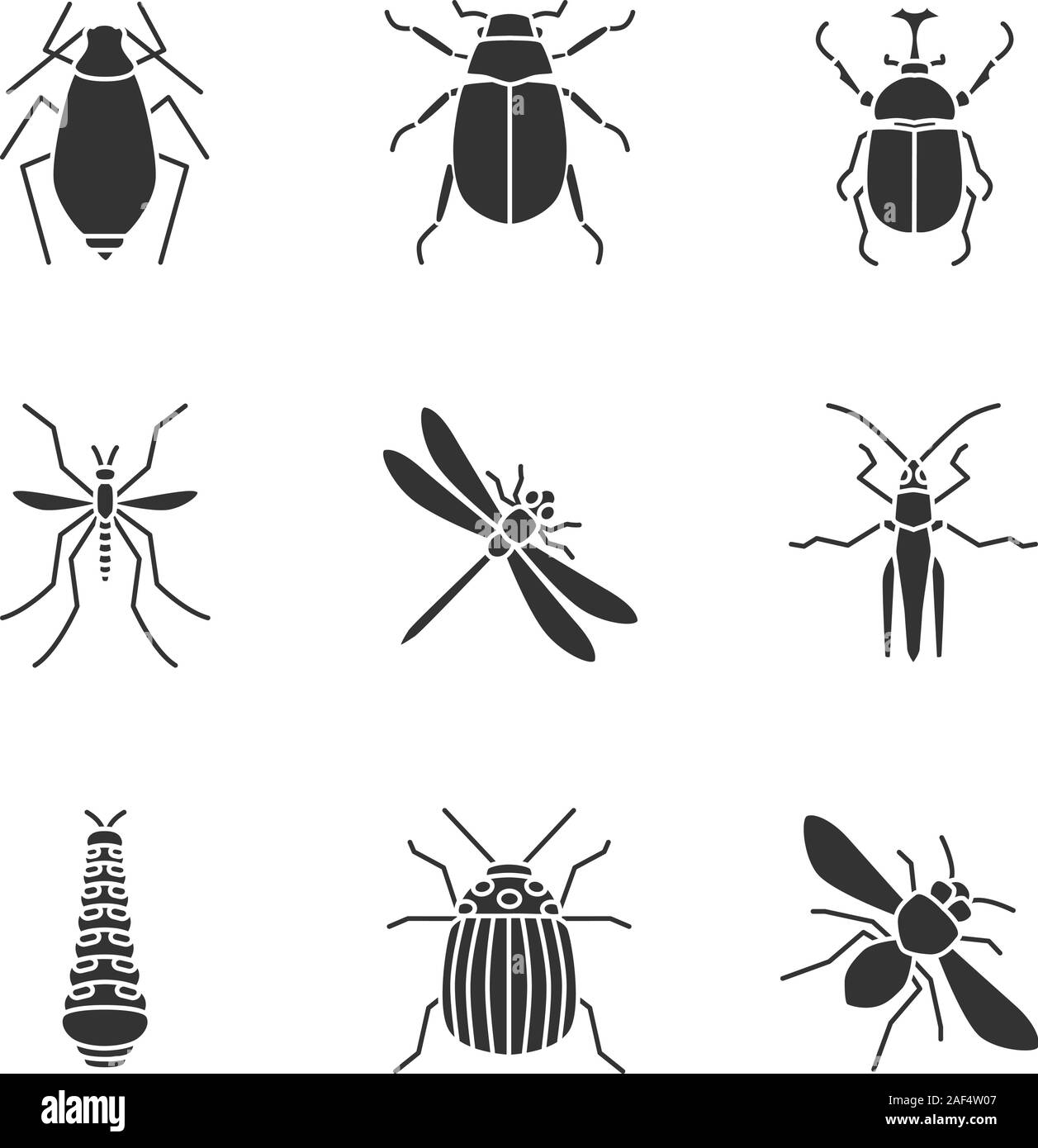 Insekten Glyphe Symbole gesetzt. Blattlaus, maybug, Hercules bug, Mosquito, Libelle, Caterpillar, Coloradokäfer, Grashüpfer, Honig Biene. Silhouette Symbole. V Stock Vektor