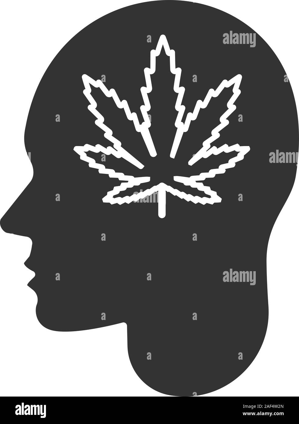 Menschlichen Kopf mit Marihuana Blatt glyph Icon. Drogensucht. Silhouette Symbol. Schlechte Gewohnheit. Negativer Platz. Vektor isoliert Abbildung Stock Vektor