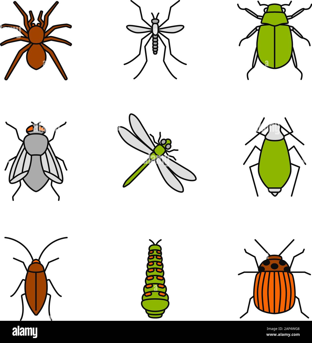 Insekten farbige Symbole gesetzt. Spider, Mosquito, maybug, Kakerlake, Stubenfliege, Libelle, Bluter, Caterpillar, Colorado bug. Isolierte Vektorgrafiken Stock Vektor