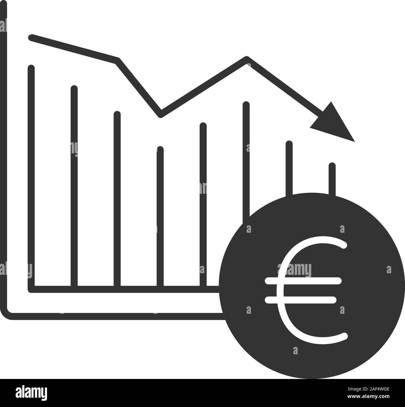 Euro fallen Glyph icon. Statistiken Diagramm mit der Europäischen Währung der Union unterzeichnen. Silhouette Symbol. Finanzielle Zusammenbruch. Negativer Platz. Vektor isoliert Stock Vektor