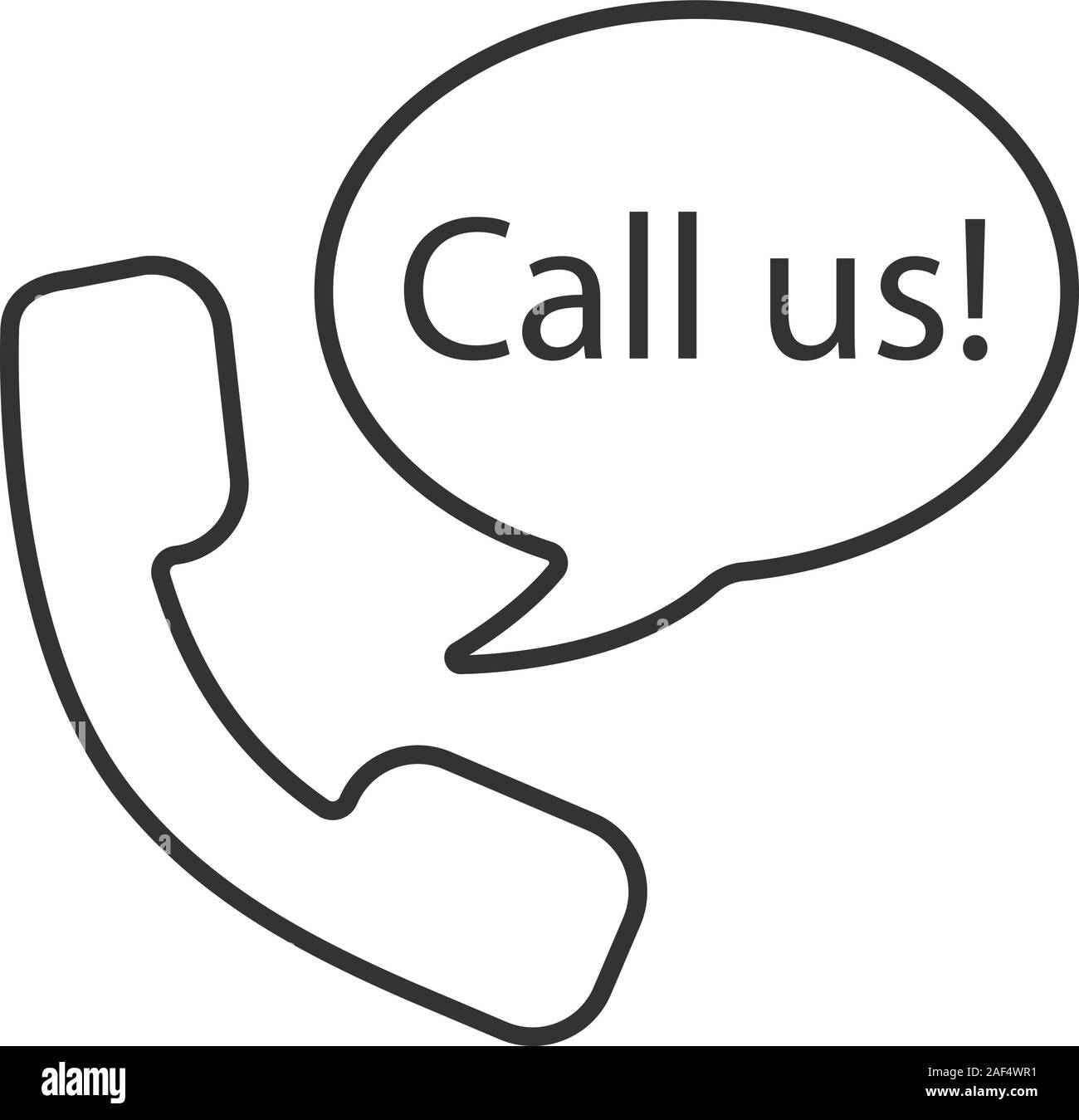 Hörer und Sprechblase mit rufen Sie uns innen lineare Symbol. Hotline. Dünne Linie Abbildung. Sprachnachricht. Kontur Symbol. Vektor isoliert Umrisse dra Stock Vektor