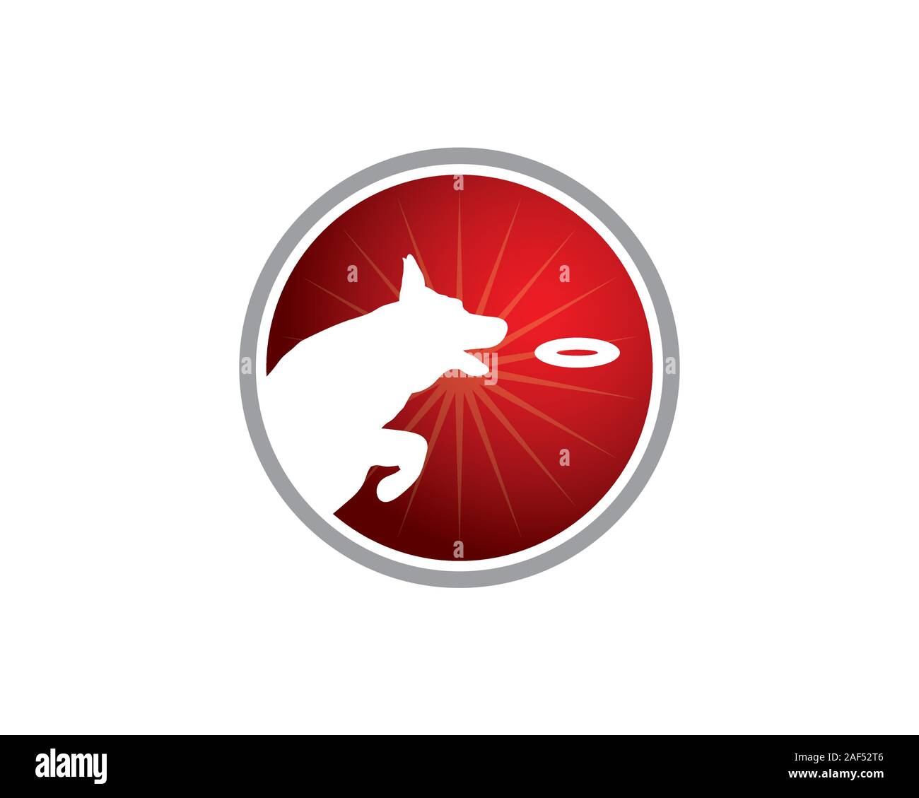 Dog Training Center Logo. Hund Silhouette springen und fast Fang ein Objekt auf einer Runde Hintergrund in Rot Stock Vektor