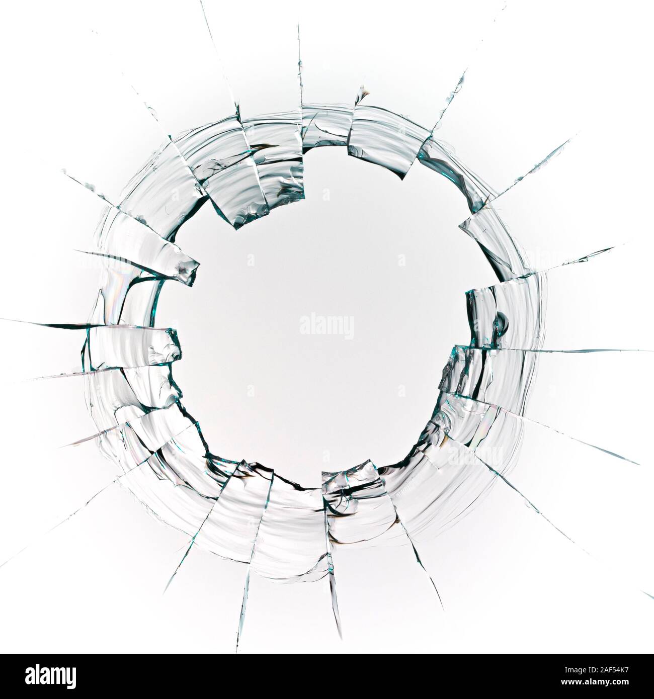 Loch von einer Kugel auf einem weißen Hintergrund Stockfoto