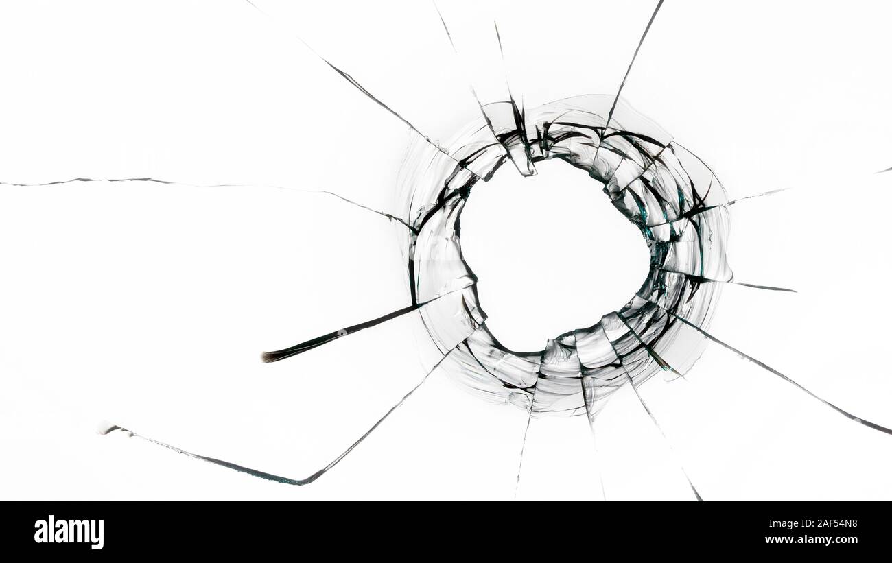 Loch von einer Kugel auf einem weißen Hintergrund Stockfoto