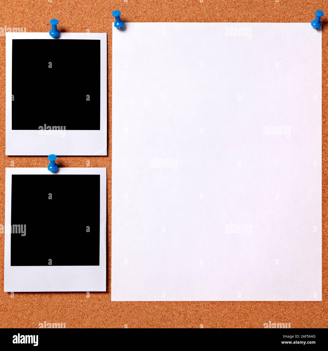 Leere Fotodrucke und Normalpapier Poster zu einem Kork Pinnwand angeheftet. Platz für Kopieren. Pathe. Stockfoto