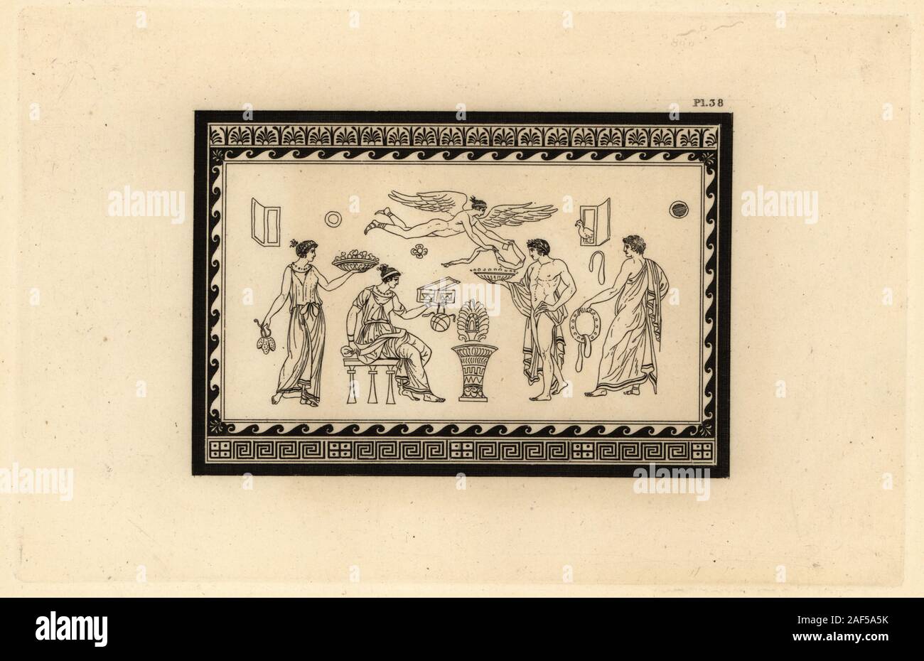 Eine obskure Design, vielleicht mit einer Römischen Braut nuptial Badewanne Zeremonie. Eine sitzende Braut bekommt Geschenke von Besuchern, während ein Genius oben fliegt. Kupferstich von Thomas Kirk (1765-1797) von Sir William Hamilton's Erläutert die Zahlen und Kompositionen auf der Griechischen, Römischen und etruskischen Vasen des verstorbenen Sir Hamilton, T. M'Lean, London, 1834. Stockfoto Eine obskure Design, vielleicht mit einer Römischen Braut nuptial Badewanne Zeremonie. Eine sitzende Braut bekommt Geschenke von Besuchern, während ein Genius oben fliegt. Kupferstich von Thomas Kirk (1765-1797) von Sir William Hamilton's Erläutert die Zahlen und Kompositionen auf der Griechischen, Römischen und etruskischen Vasen des verstorbenen Sir Hamilton, T. M'Lean, London, 1834. Stockfoto
