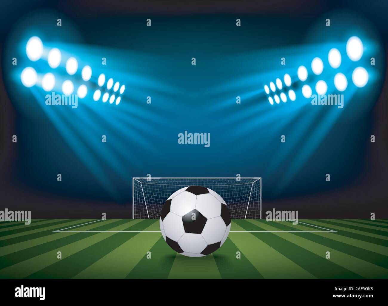 Futbal Ball auf dem Gebiet der Stadion mit Licht. Vektor Stock Vektor