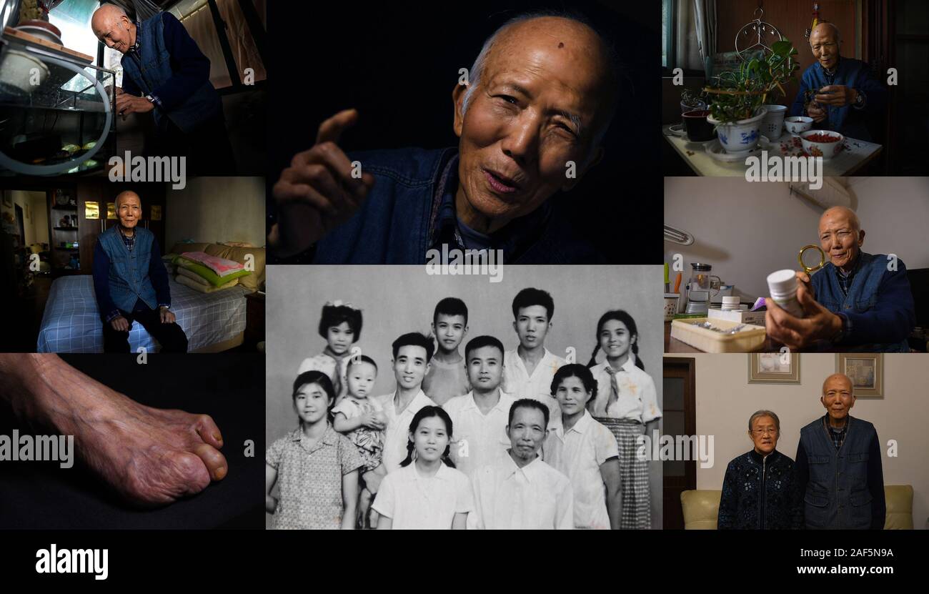 (191213) - NANJING, Dez. 13, 2019 (Xinhua) - Combo Foto aufgenommen am November 15, 2019 zeigt Zhou Wenbin, ein Überlebender des Massakers von Nanjing, kümmert sich um seine Fische zu Hause (L, oben); Zhou Wenbin saß in seinem Schlafzimmer (L, Zentrale); Zhou Wenbin, bullet Wunde an seinem linken Fuß durch die Japanischen Invasoren (L, unten); Zhou Wenbin, seine Erfahrungen aus der Vergangenheit (oben, Mitte); eine Kopie Foto von Zhou Wenbin (2., R), sein Vater Zhou Zhongyi (1. R, vorne) und seinem Bruder Zhou Wenxin (2. R, zweite Zeile) (C, unten); Zhou Wenbin tun Chores zu Hause (R, oben); Zhou Wenbin Prüfung Medizin Anweisung (R, Zentr Stockfoto