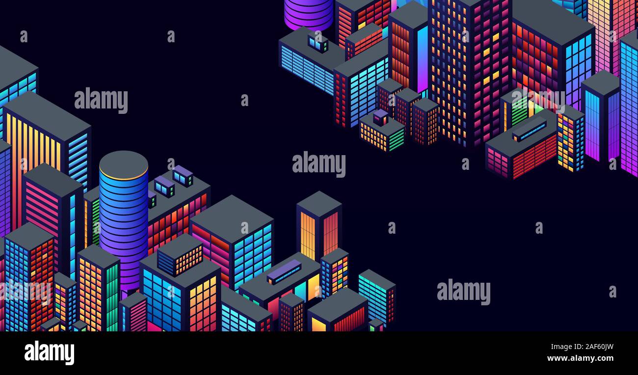 Hintergrund mit Blick auf die Stadt mit isometrischen Perspektive und lebendige Neon Farben Stock Vektor