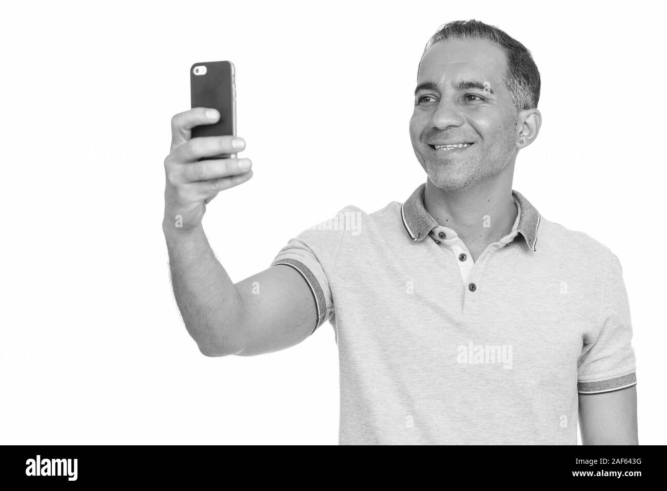 Reifen glücklich Persischen Mann unter selfie mit Handy Stockfoto