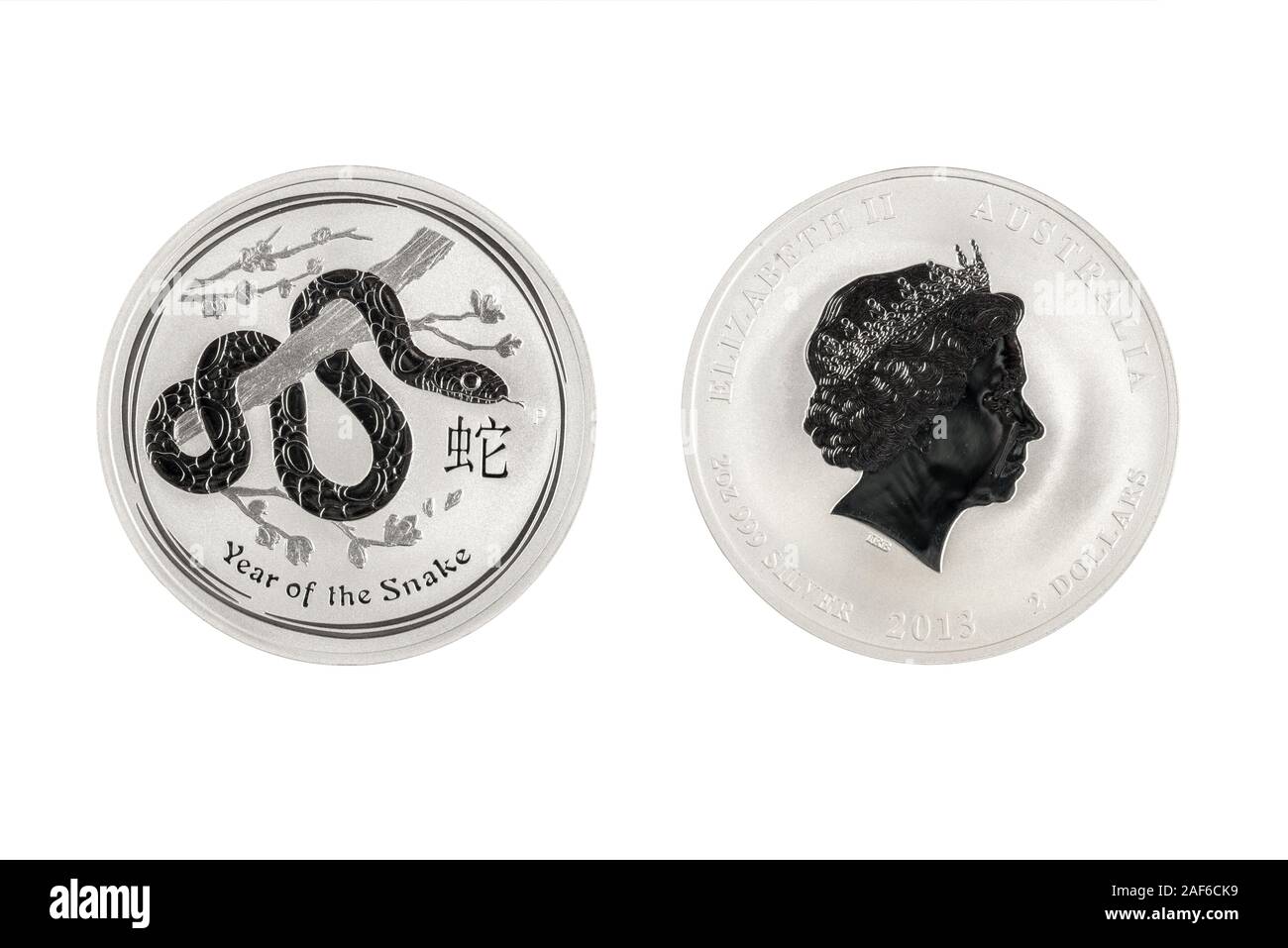 Aistralia Silbermünze 2 Unze 2013 Jahr des Hasen isoliert weißer Hintergrund Stockfoto