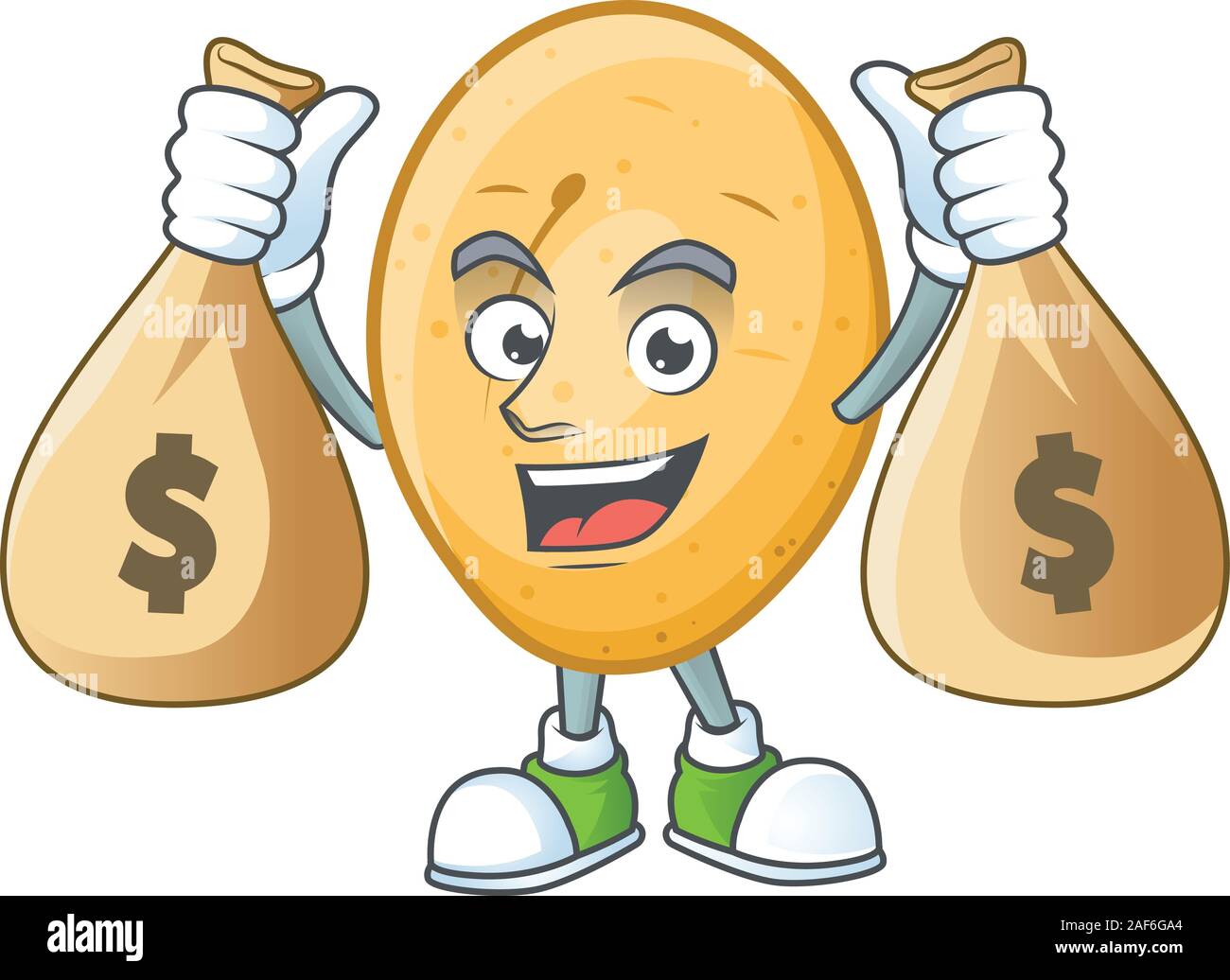 Happy Kartoffel Zeichentrickfigur mit zwei Beutel Stock Vektor