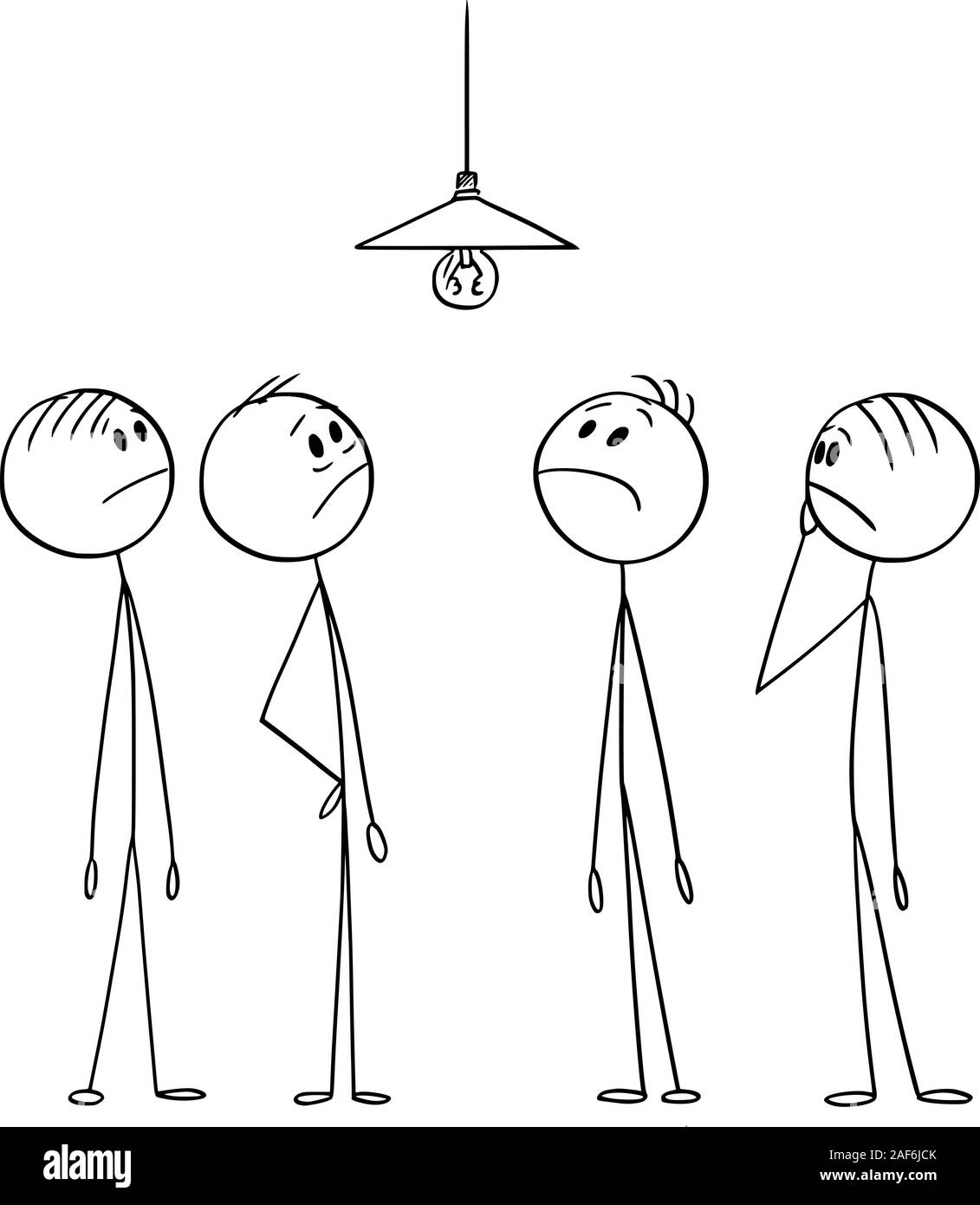 Vektor cartoon Strichmännchen Zeichnen konzeptionelle Darstellung der Gruppe der Männer oder der Unternehmer die Lösung komplexer Problem wie Störung Glühbirne ändern. Stock Vektor