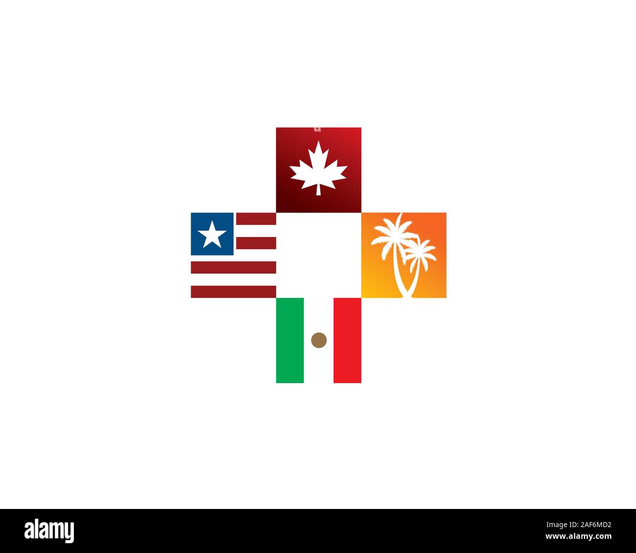 Usa Kanada Mexiko Land Fahne in einem Kreuz Pluszeichen mit Palmen Stock Vektor
