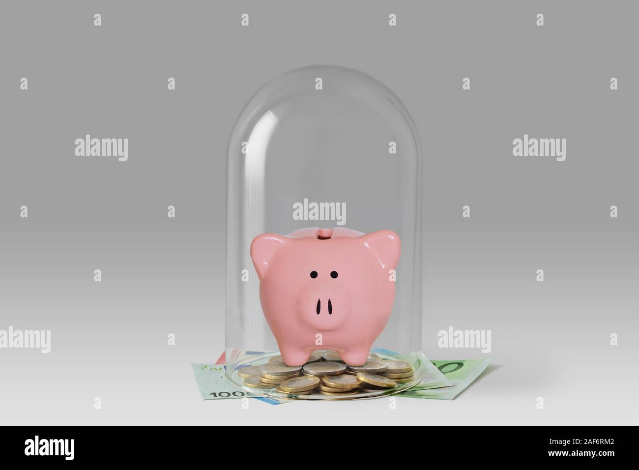 Piggy Bank und Geld unter Glas Glocke - Begriff des Geldes Schutz und finanzielle Sicherheit Stockfoto