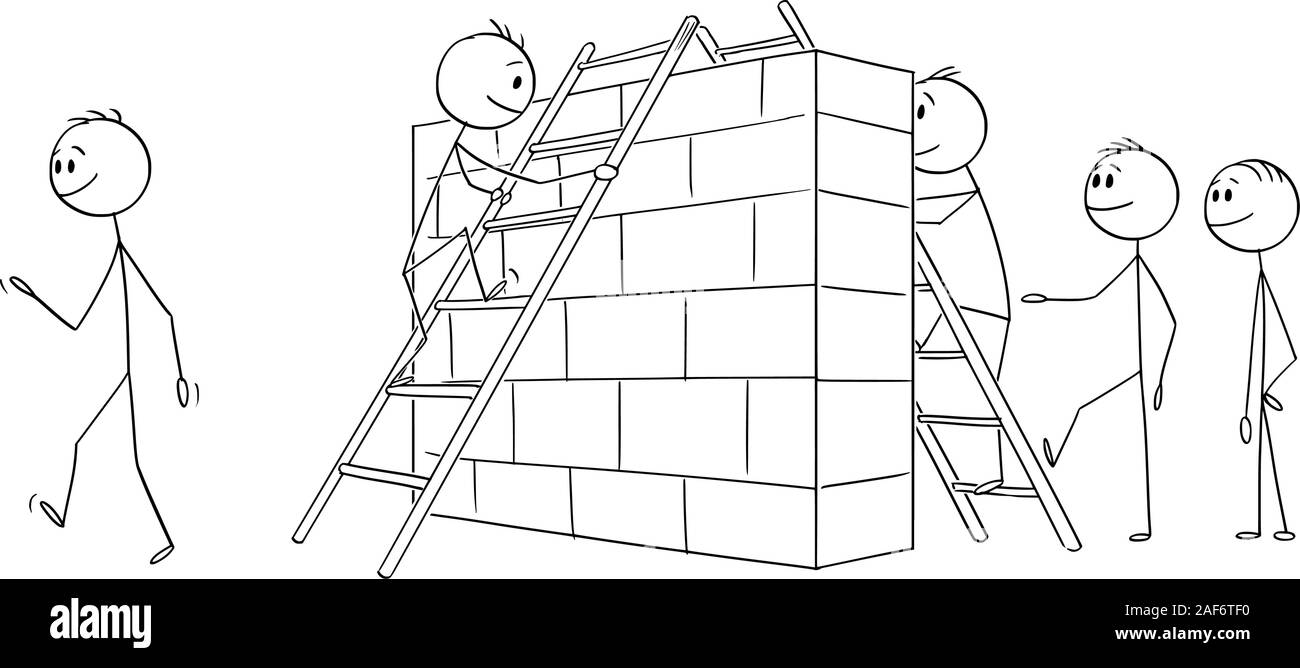Vektor cartoon Strichmännchen Zeichnen konzeptionelle Darstellung der Gruppe von Männern, Geschäftsleute oder illegale Einwanderer die Überwindung oder Klettern über die Mauer oder ein Hindernis auf der Grenze oder auf dem Weg zum Erfolg. Stock Vektor