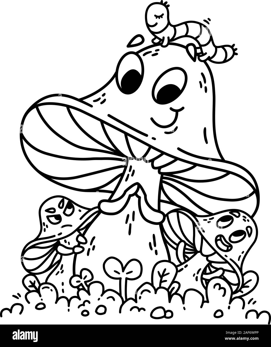 Cute cartoon Pilze auf grünem Gras mit Caterpillar auf Hut. Gemüse Vector Illustration. Bescheidenheit, Neid, Bewunderung. Auf weissem Hintergrund Stock Vektor
