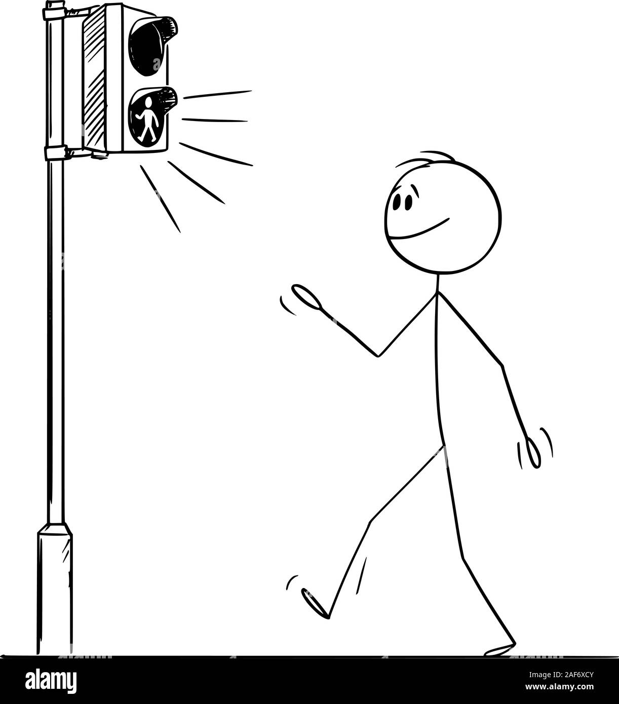 Vektor cartoon Strichmännchen Zeichnen konzeptionelle Darstellung der Mann oder Fußgänger zu Fuß auf der Kreuzung, da grünes Licht auf Straße Verkehr leuchtet. Stock Vektor