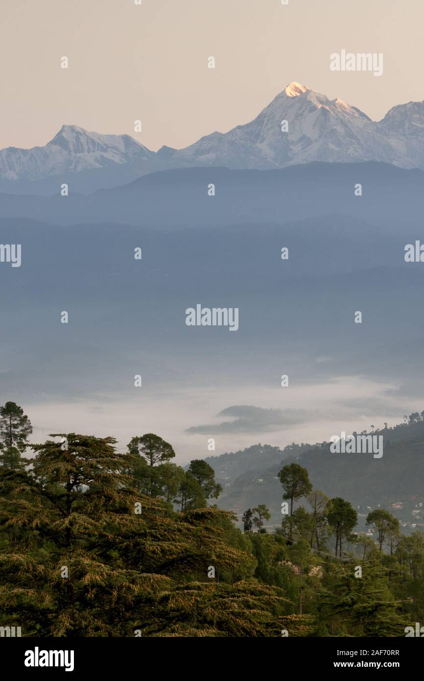 Spektakuläre Aussicht von Nanda Devi Himalaya Gebirge im ersten Licht von Kausani in Uttarakhand Stockfoto