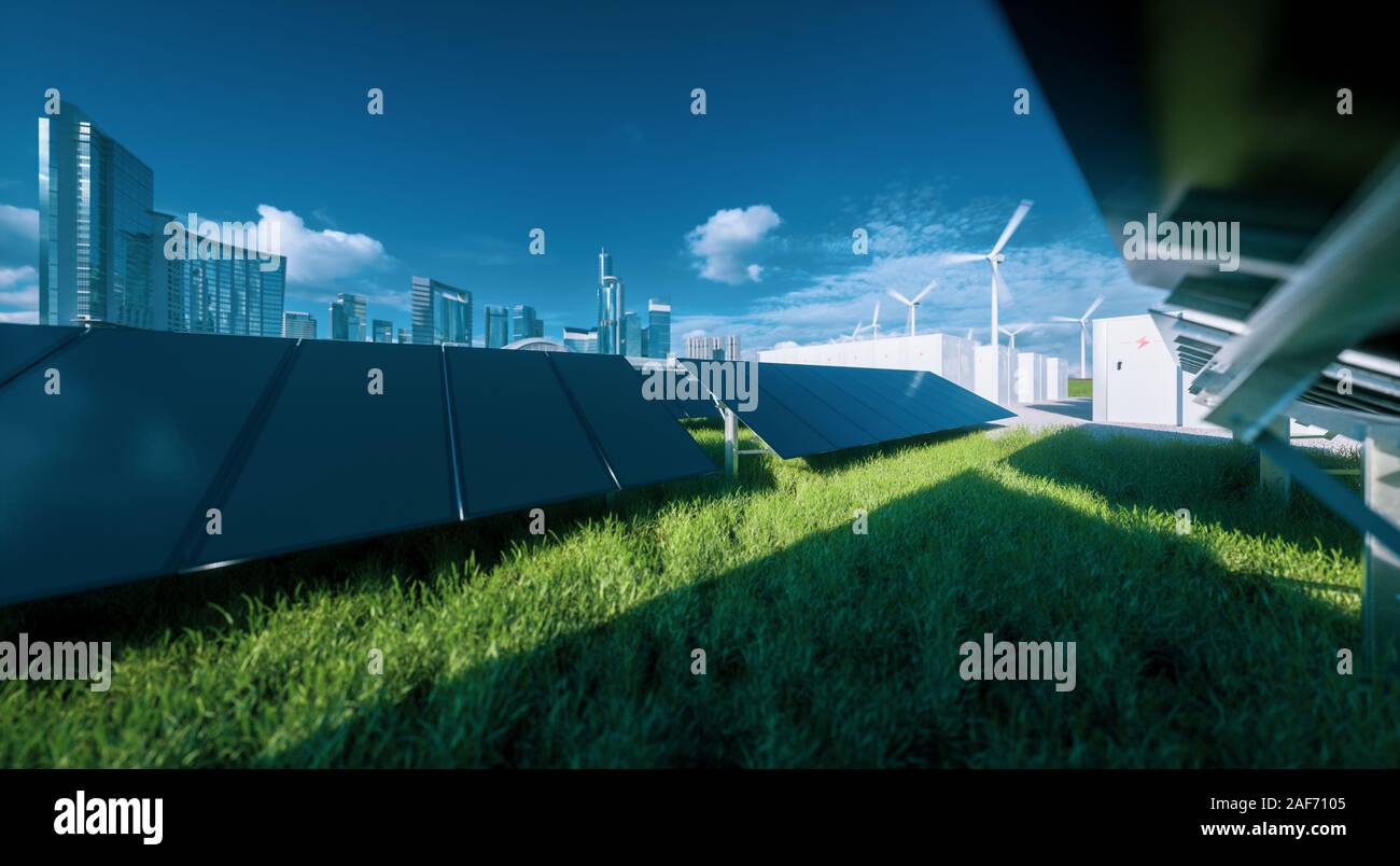 Moderne schwarze rahmenlose Solarmodul Farm, Batterie Energiespeicherung und Windkraftanlagen auf frische grüne Gras unter blauen Himmel - Konzept der Grünen nachhaltige e Stockfoto