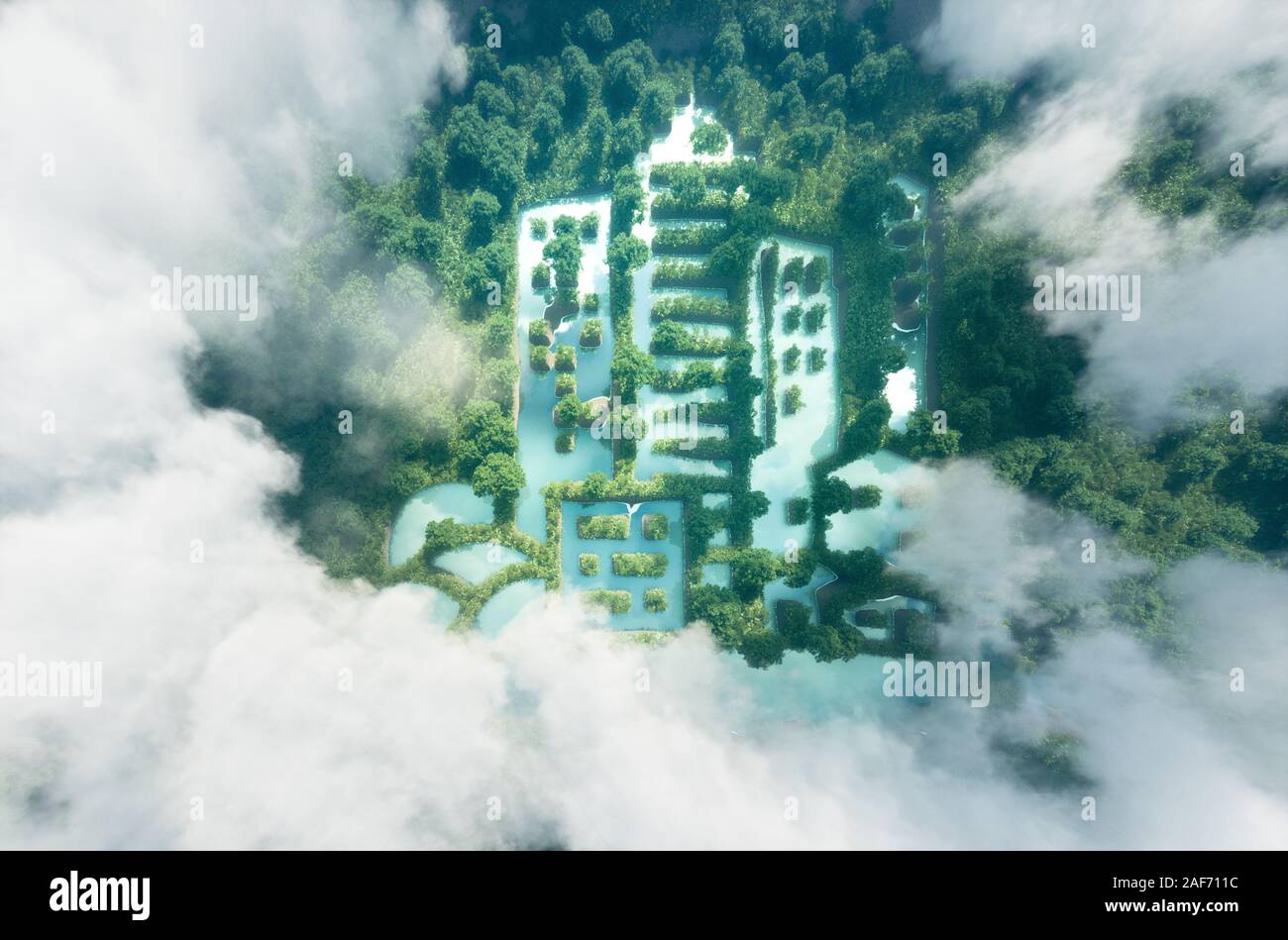 Konzept der neuen grünen Urbanismus. See in Form einer Stadt in der Mitte der reinen und frischen Regenwald Landschaft gesehen Form Vogelperspektive. 3D-Rendering Stockfoto
